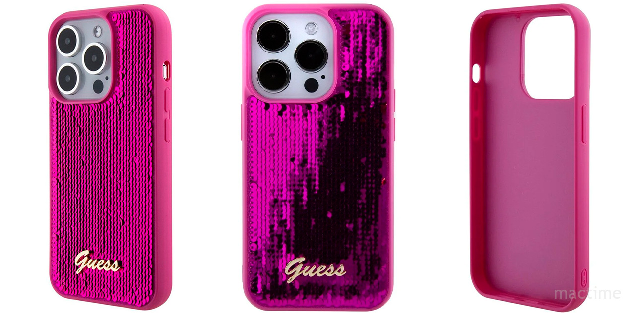 Чехол Guess Sequins Script metal logo Hard фиолетового цвета для iPhone 15 Pro